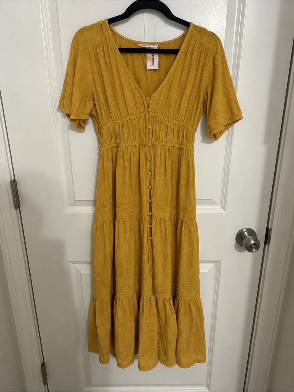 Lucky Brand Mustard Midi Button-Front Dress with V-Neck